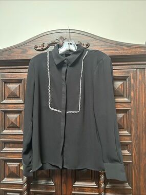 Black Button-Down Blouse with Contrast Trim